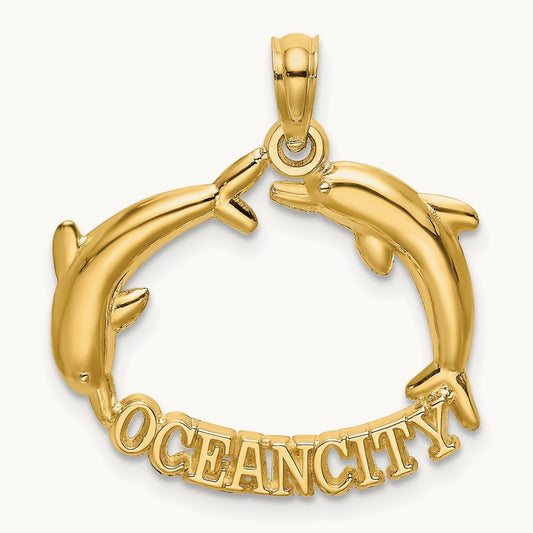 Polished OCEAN CITY w/ Jumping Dolphins Charm, 14K