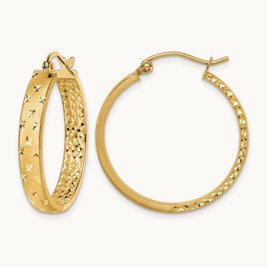 Satin and Polished Diamond-cut In/Out Hoop Earrings, 14K