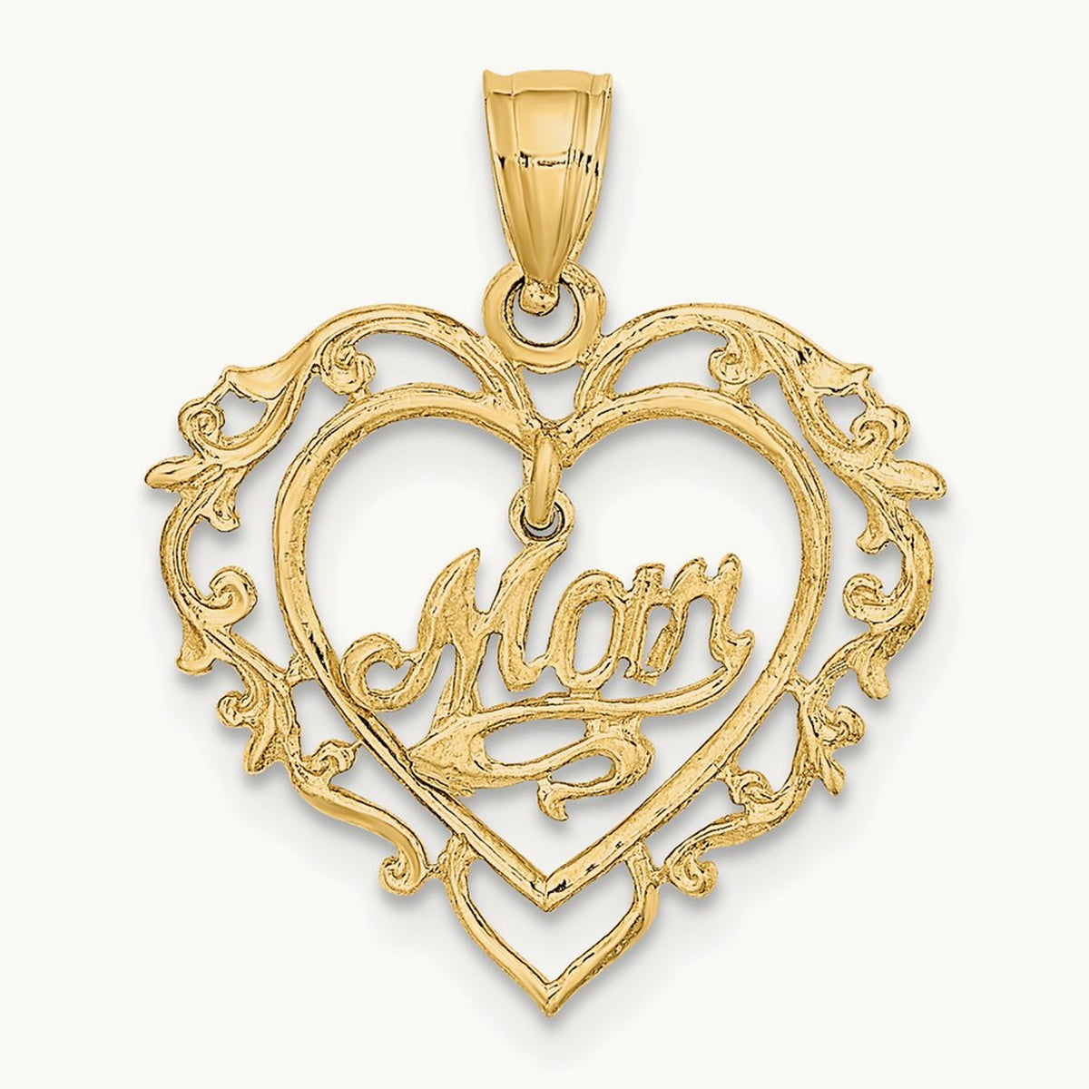 Polished MOM Dangle in Fancy Heart Pendant, 14K
