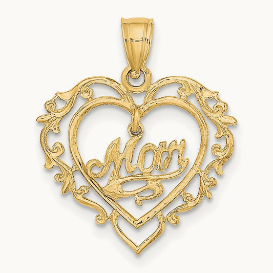 Polished MOM Dangle in Fancy Heart Pendant, 14K