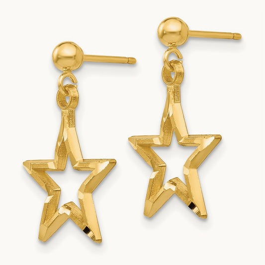 Polished & Diamond-Cut Star Dangle Post Earrings, 14K