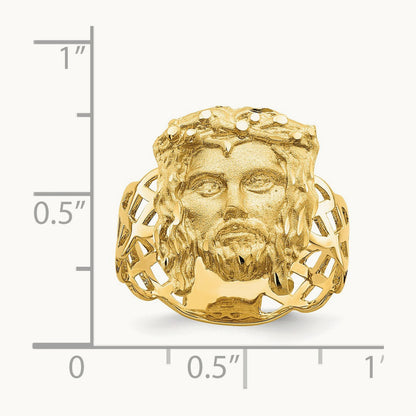 Brushed & Polished D/C Jesus Head Ring, 14K
