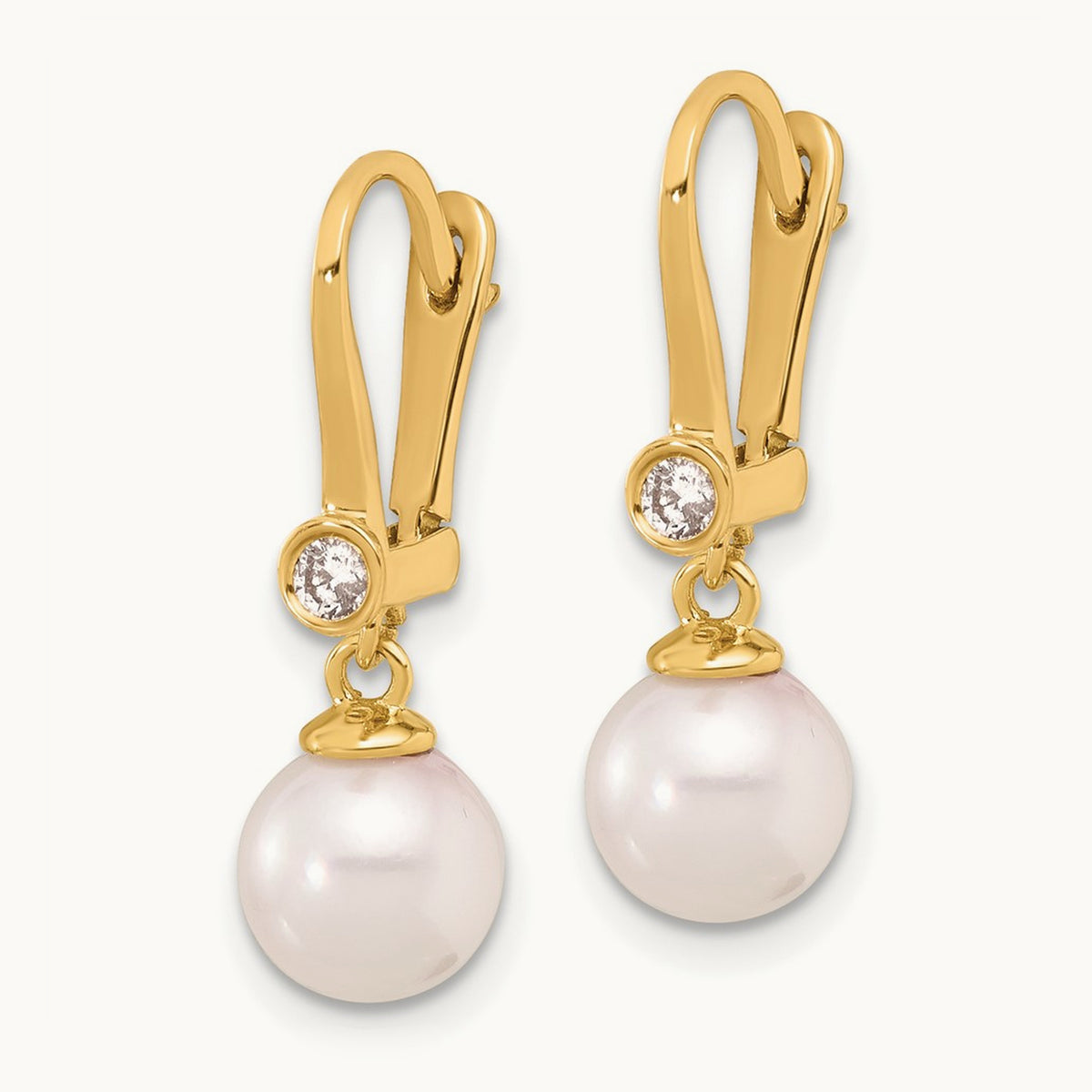 7- Round White Akoya Pearl and .10ct Diamond Dangle Earrings, 8mm, 14K