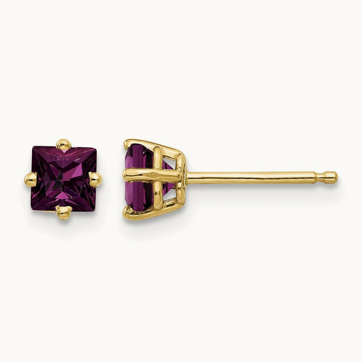 Princess Cut Rhodolite Garnet earring, 4mm, 14K