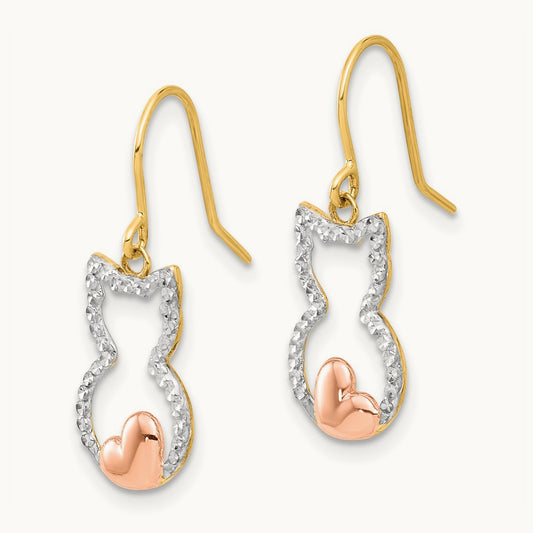 w/Rose and White Rhodium D/C Cat Outline Dangle Earrings, 14K