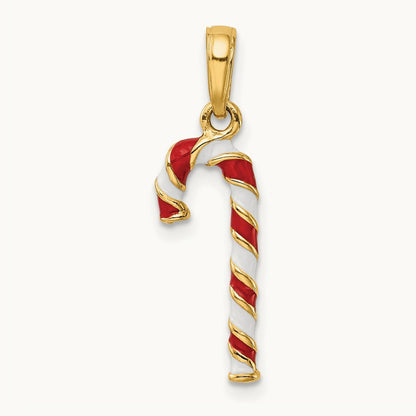 3D Enameled Candy Cane Charm, 14K
