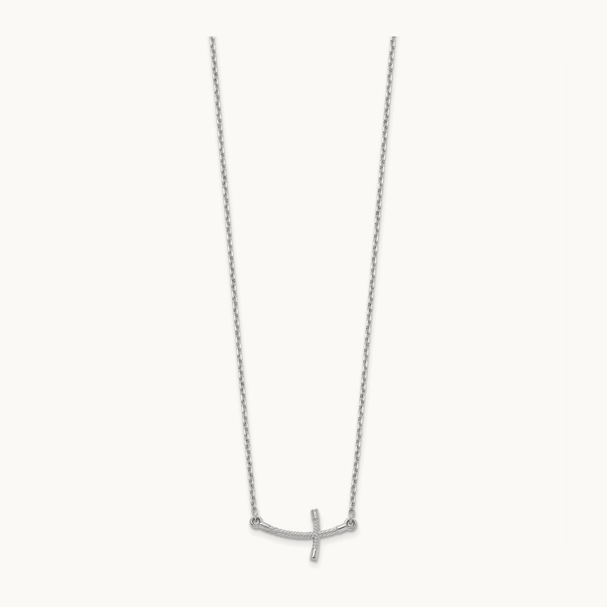 Small Sideways Curved Twist Cross Necklace — 14K White Gold
