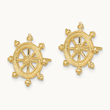 Ship's Wheel Post Earrings, 14K