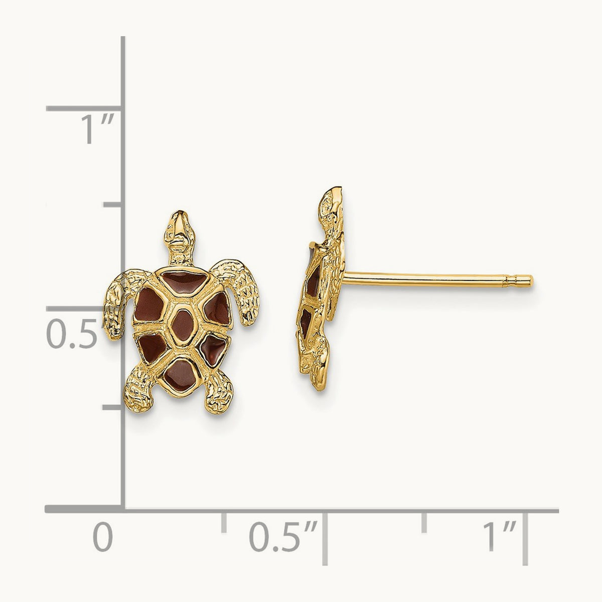Sea Turtle W/Brown Enamel Shell / Textured Post Earrings, 14K