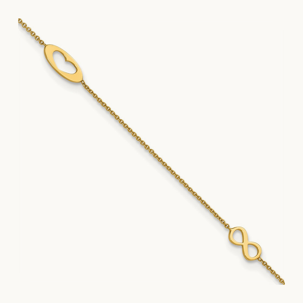 Polished Infinity and Heart 9in Plus 1in ext Anklet, 14K