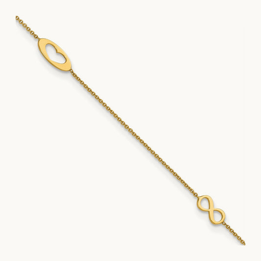 Polished Infinity and Heart 9in Plus 1in ext Anklet, 14K