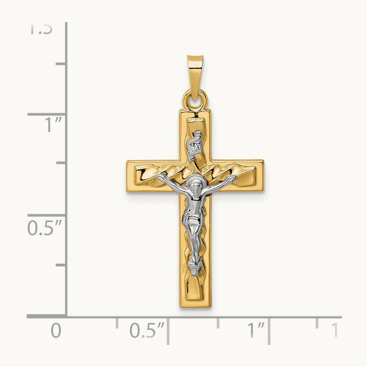 Polished and Twisted Hollow INRI Crucifix Pendant, 14K Two-tone