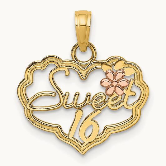 SWEET 16 Heart w/ Flower Charm, 14K Two-tone