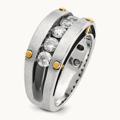 14ktt w/ Blk RH IBGoodman Men's Satin/Grooved 5-Stone Diamond Ring