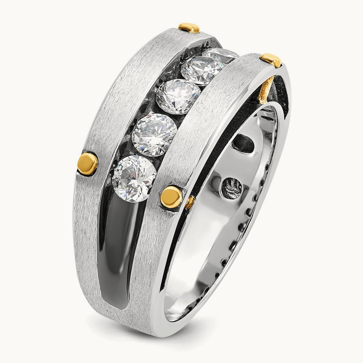 14ktt w/ Blk RH IBGoodman Men's Satin/Grooved 5-Stone Diamond Ring