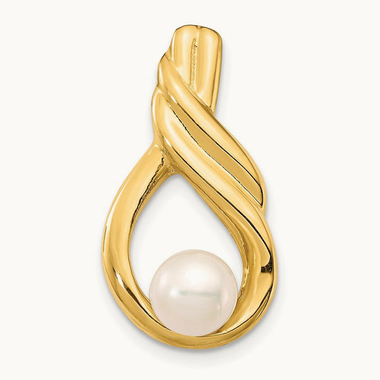 6- White Button Freshwater Cultured Pearl Pendant Chain Slide, 7mm, 14K