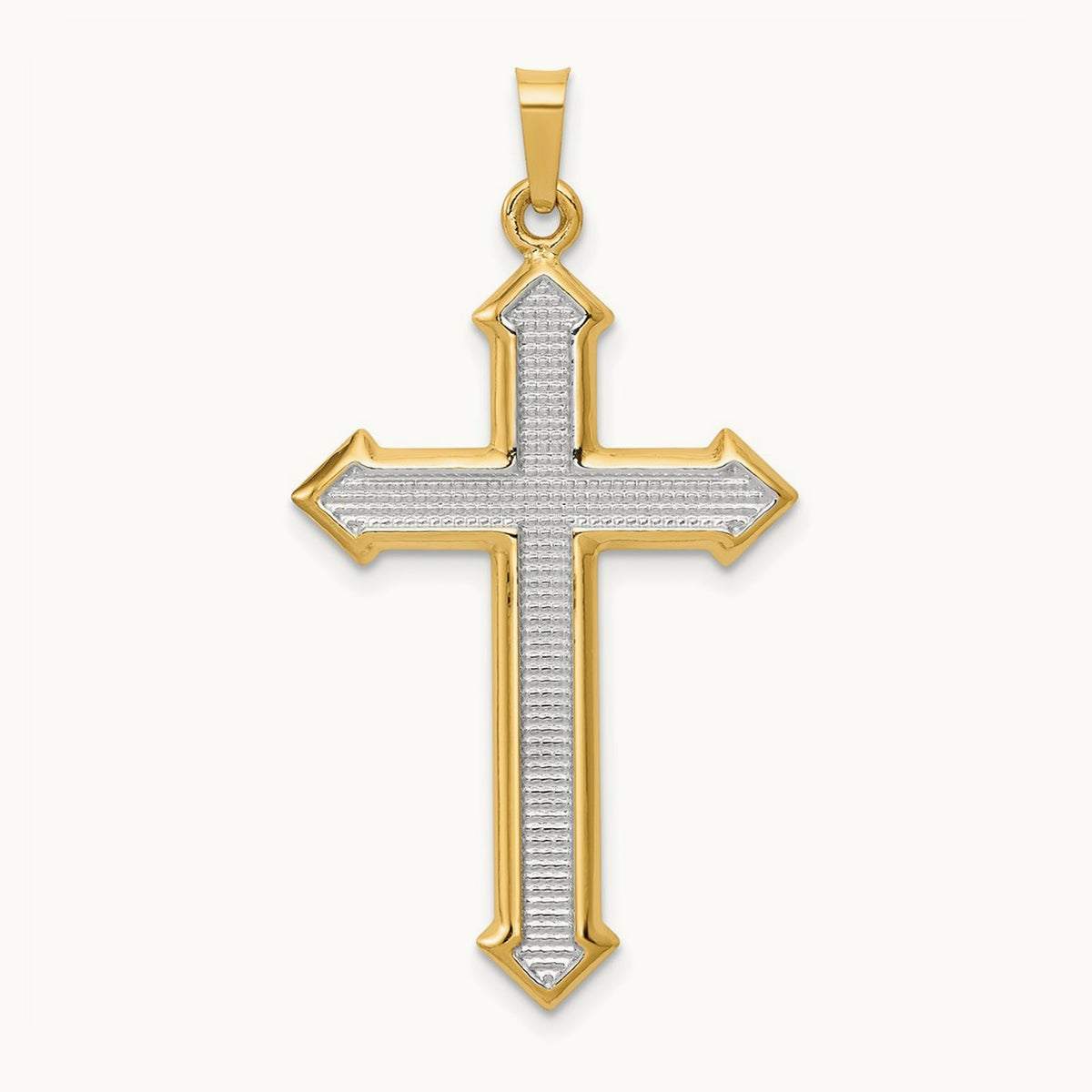 w/Rhodium Polished and Textured Passion Cross Pendant, 14K