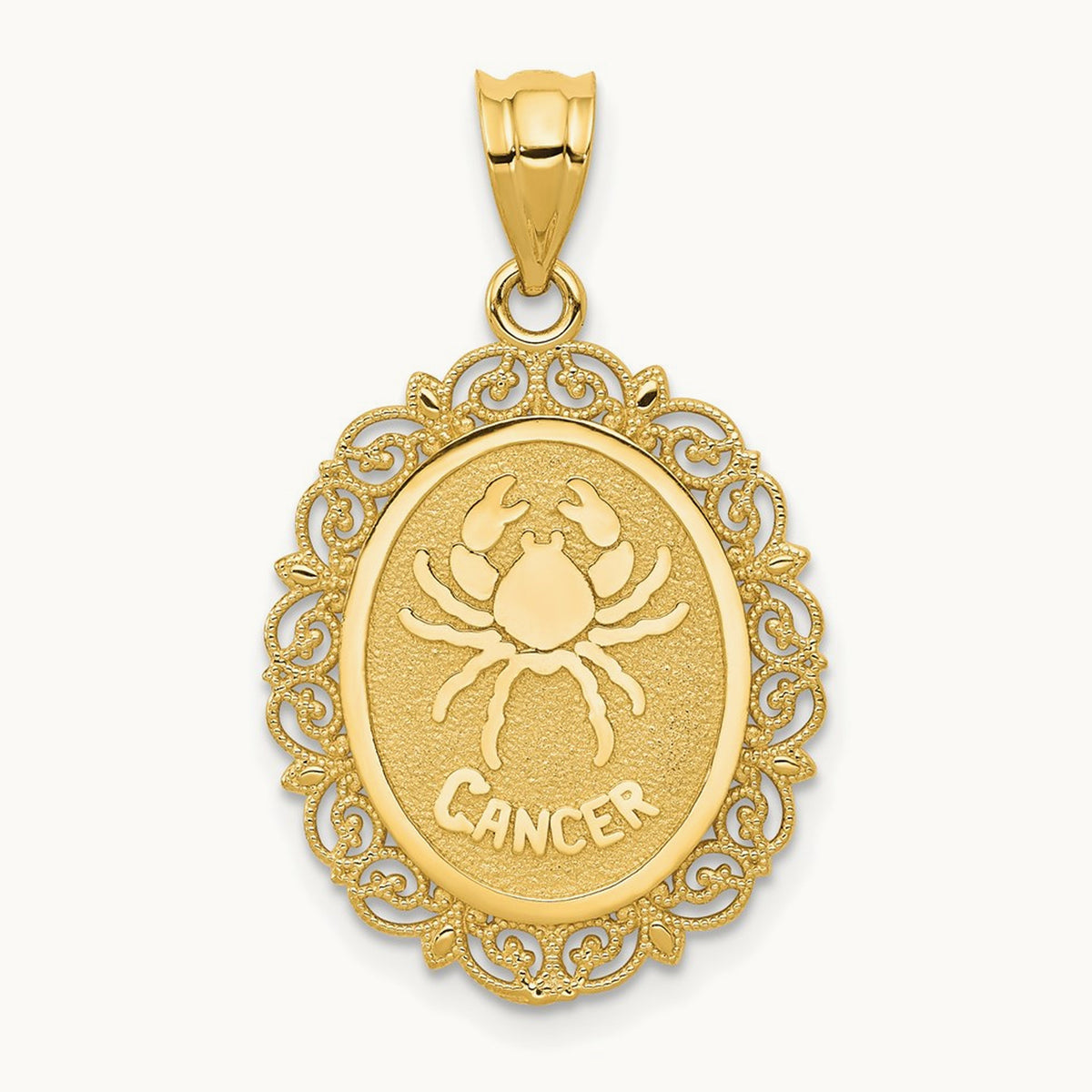 Solid Satin Polished Cancer Zodiac Oval Pendant, 14K