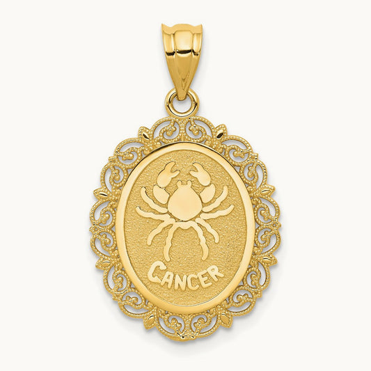 Solid Satin Polished Cancer Zodiac Oval Pendant, 14K