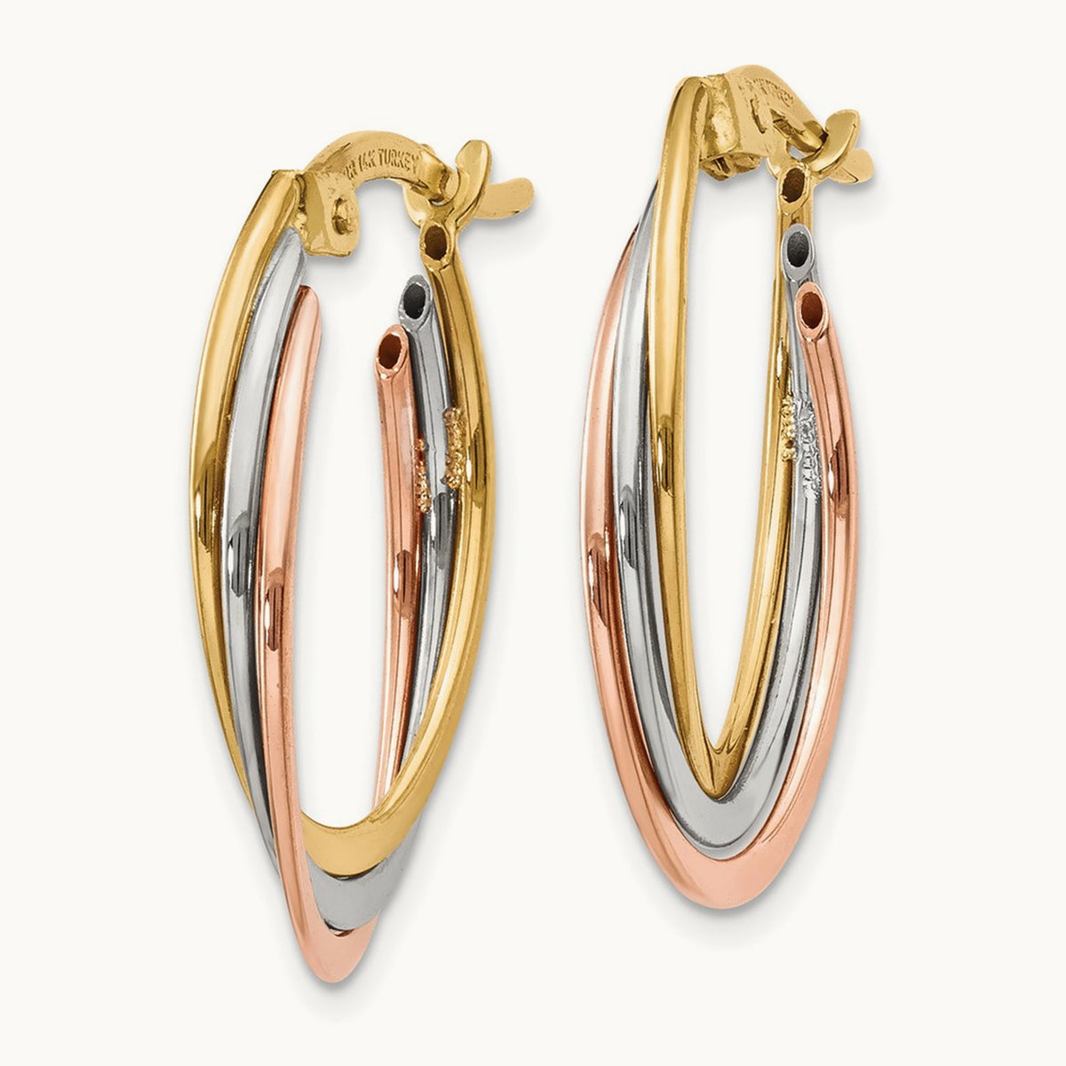 Tri-Color Polished Oval Hoop Earrings, 14K