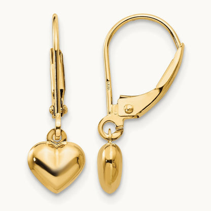 Madi K Puffed Polished Heart Drop Leverback Earrings, 14K