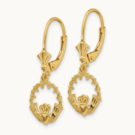 Claddagh in Circle Leverback Earrings, 14K