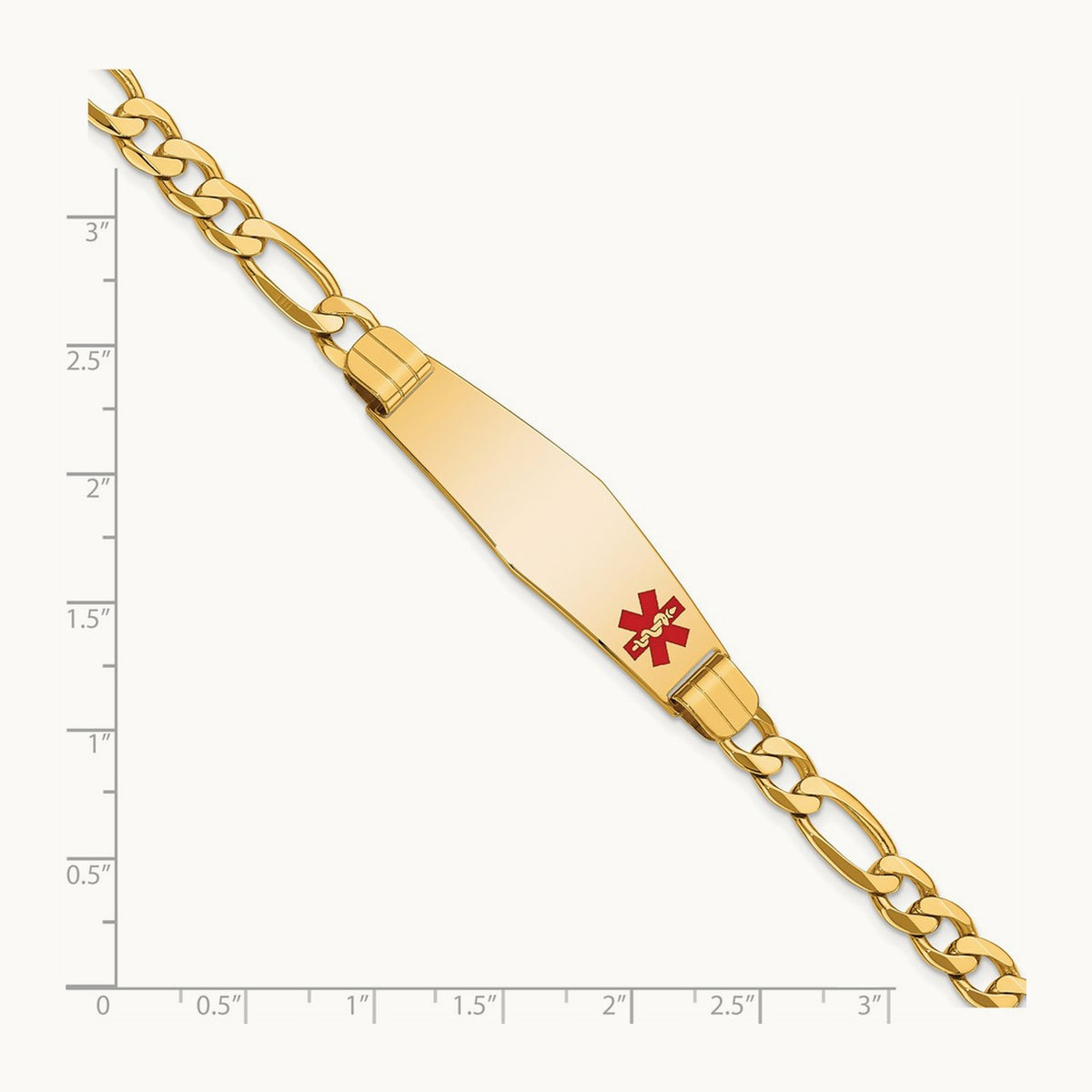 Medical Soft Diamond Shape Red Enamel Flat Figaro Link ID Bracelet, 14K