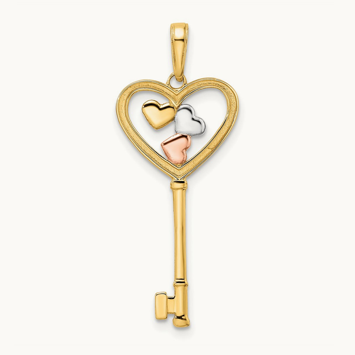 w/White and Rose Rhodium Diamond-cut Hearts Key Pendant, 14K
