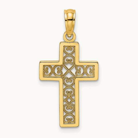 Textured Lace Center Cross Charm — 14K Yellow Gold