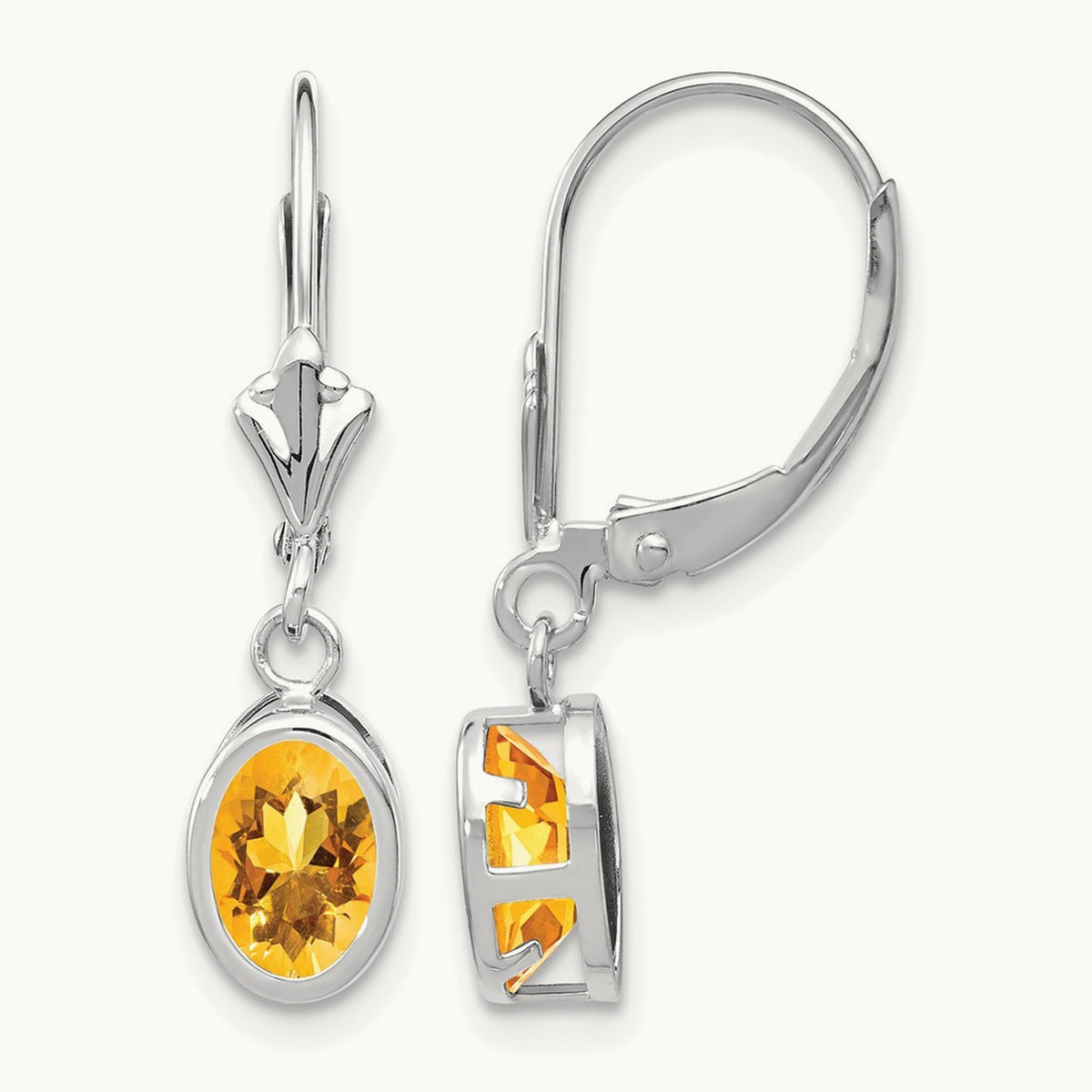 Citrine Oval Leverback Earrings, 14K White Gold