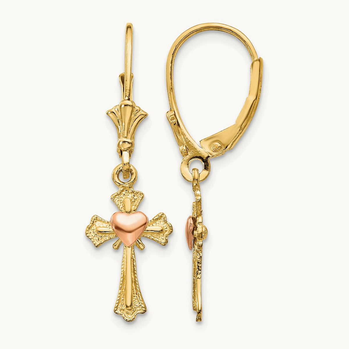 Heart on Cross Leverback Earrings, 14K Two-tone
