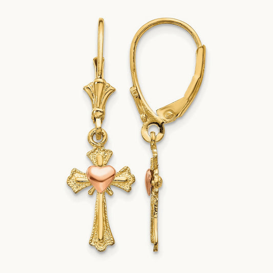Heart on Cross Leverback Earrings, 14K Two-tone