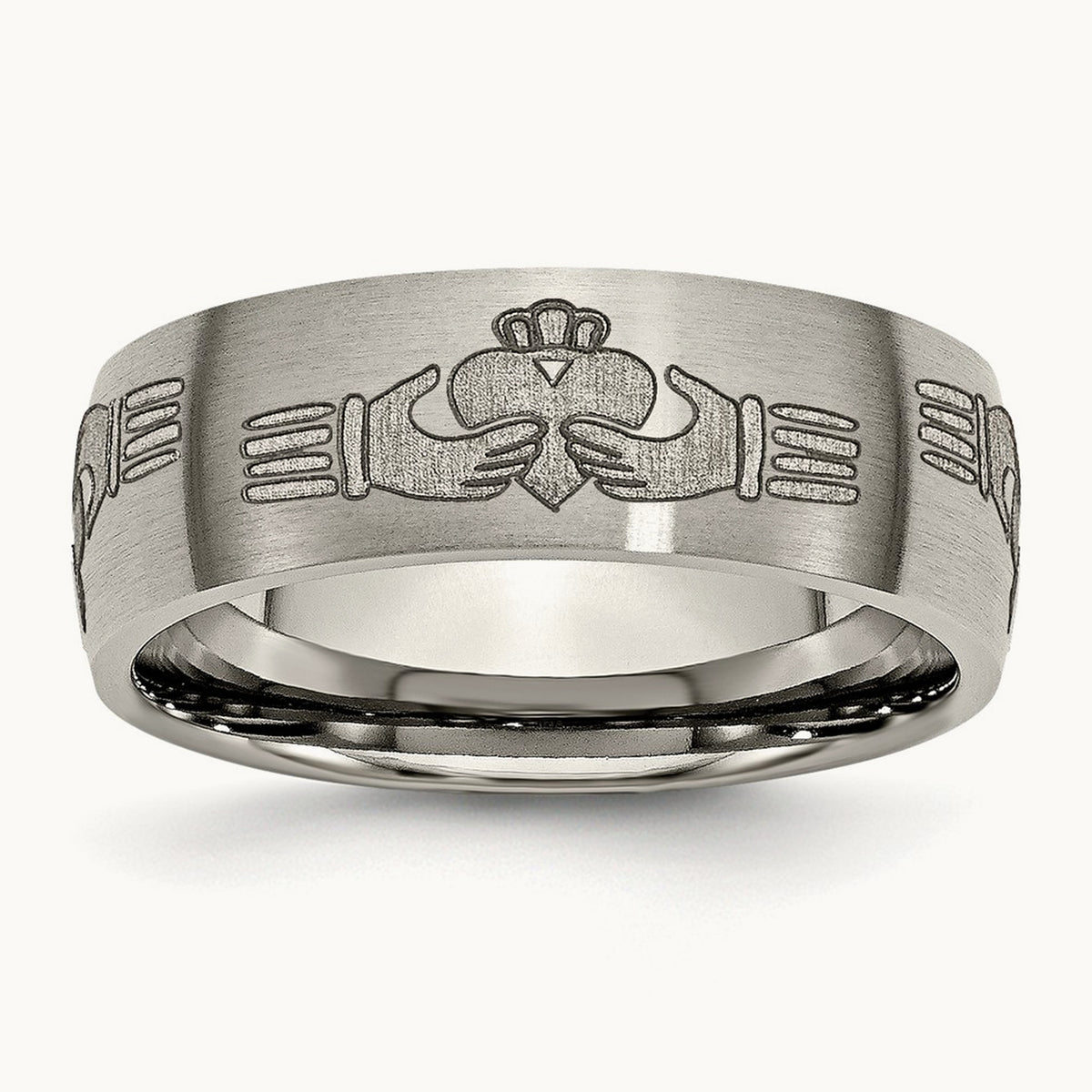 Brushed Claddagh Laser Design Band — photo set