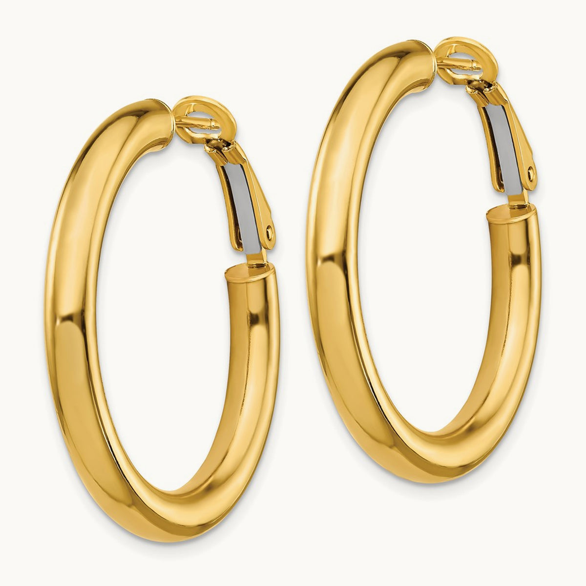 Polished Round Omega Back Hoop Earrings — 14K Yellow Gold, 4x35mm
