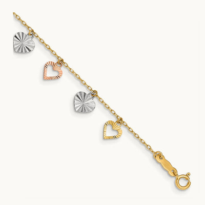 Tri-Color Heart Bracelet, 14K