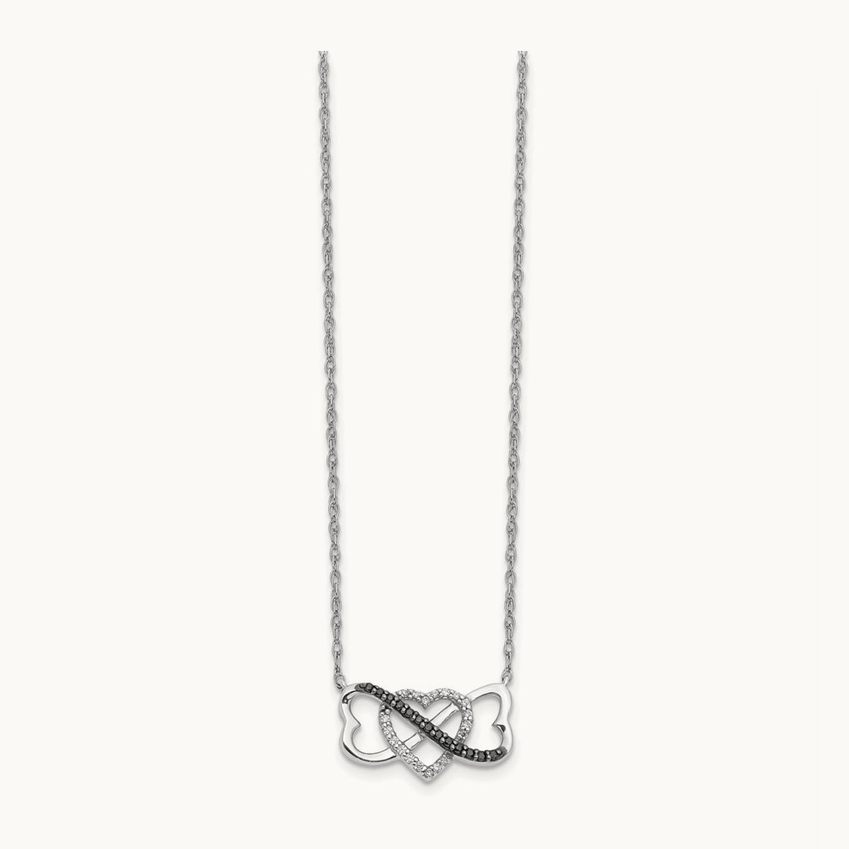 w/ Black and White Diamond Triple Heart 17in Necklace, 14K White Gold