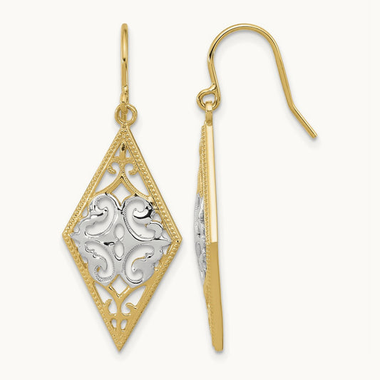 & Rhodium Diamond Shape Filigree Dangle Earrings, 14K