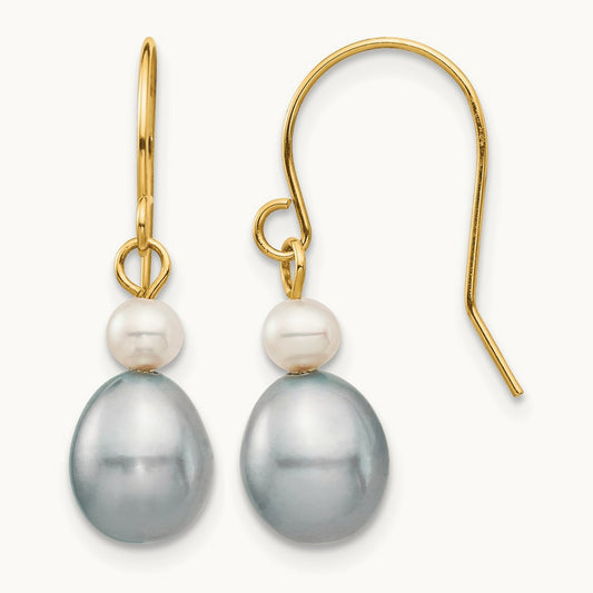 4- White/Grey Round/Rice FW Cultured Pearl Dangle Earrings, 7mm, 14K
