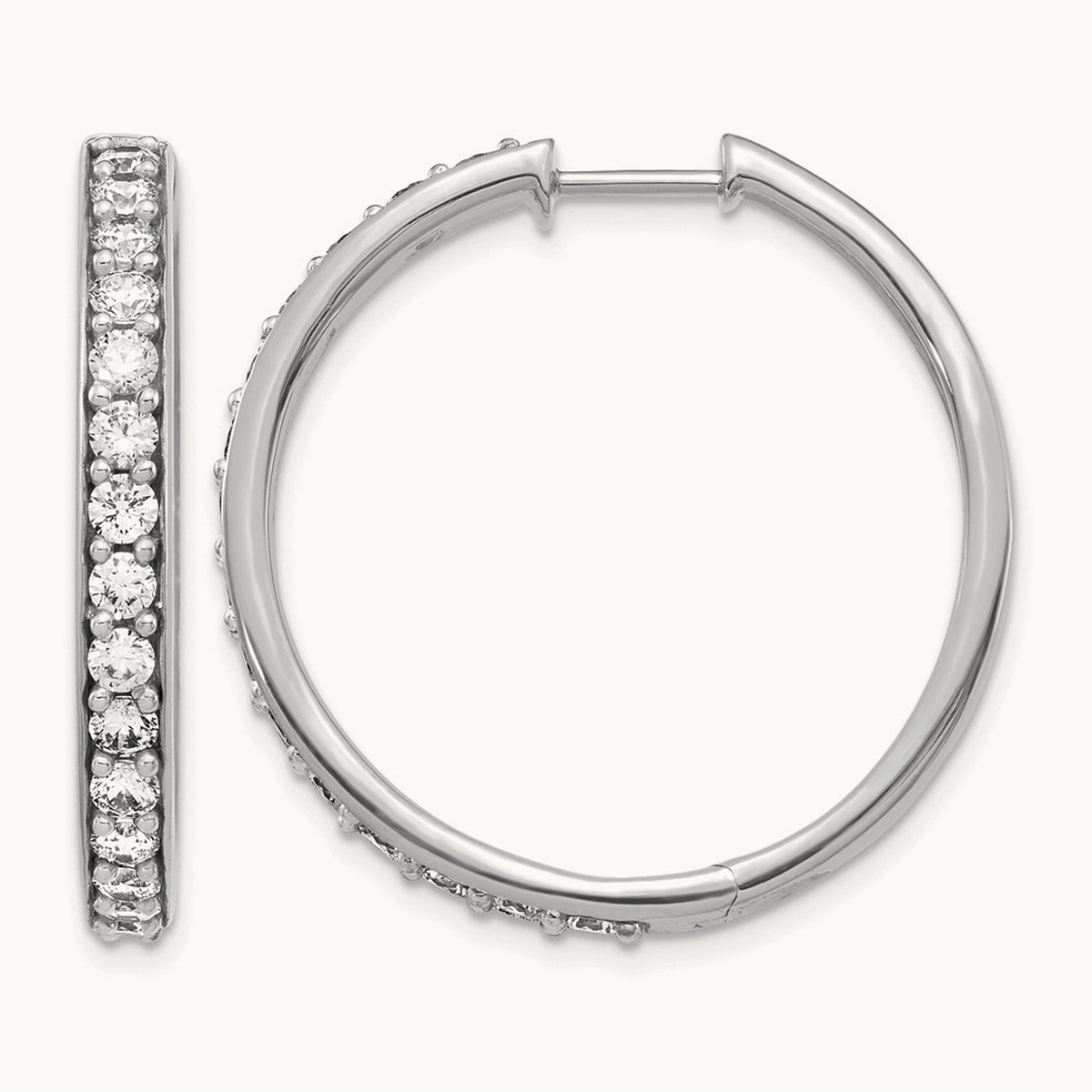 Diamond Hinged Hoop Earrings — 14K White Gold, 30mm, 1.95 ct