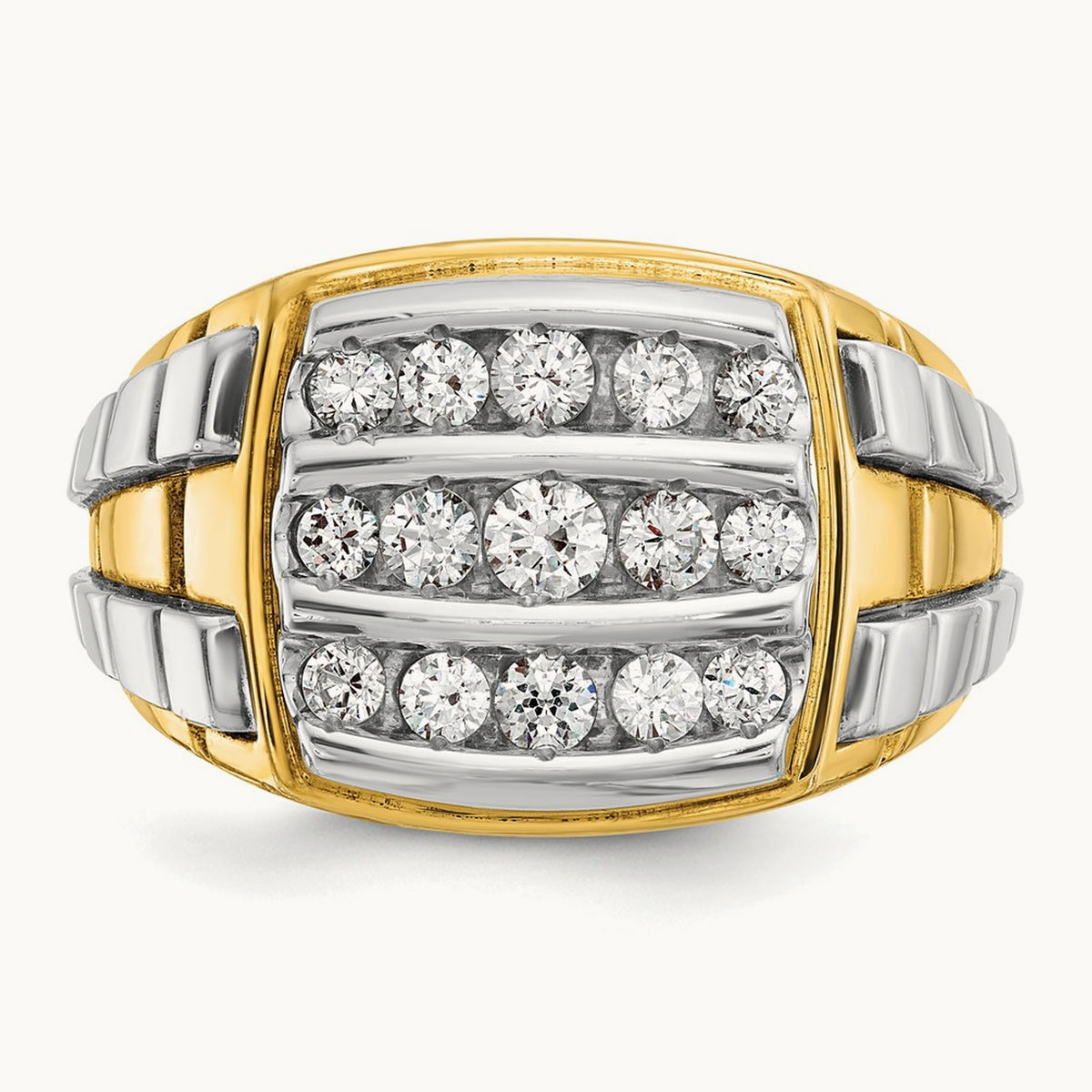 14ktt IBGoodman Men's Polished & Grooved 3-Row Diamond Cluster Ring