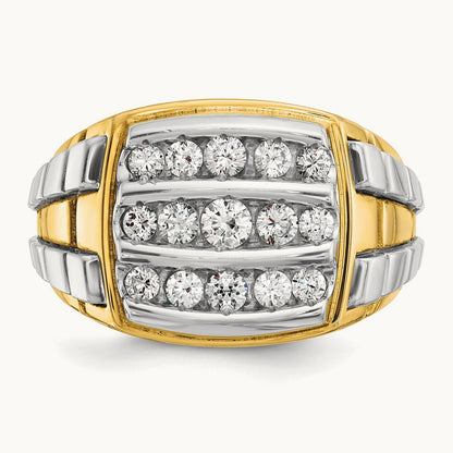 14ktt IBGoodman Men's Polished & Grooved 3-Row Diamond Cluster Ring