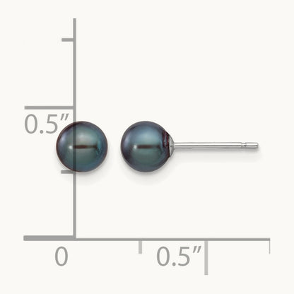 5- Black Round FW Cultured Pearl Stud Post Earrings, 6mm, 14K White Gold