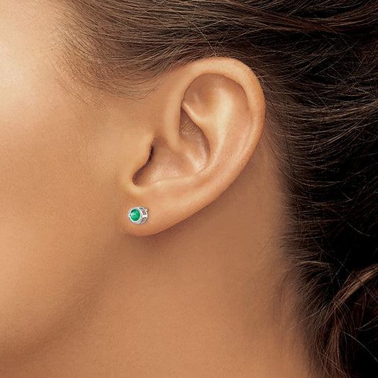 Bezel May/Emerald Post Earrings — 14K White Gold