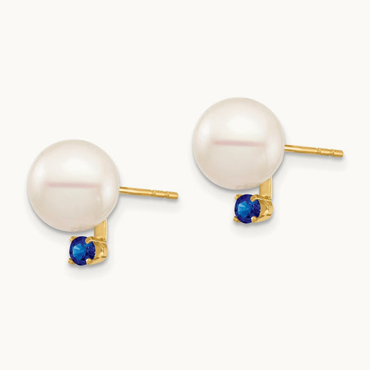 8- White Round Freshwater Cultured Pearl Sapphire Post Earrings, 8.5mm, 14K