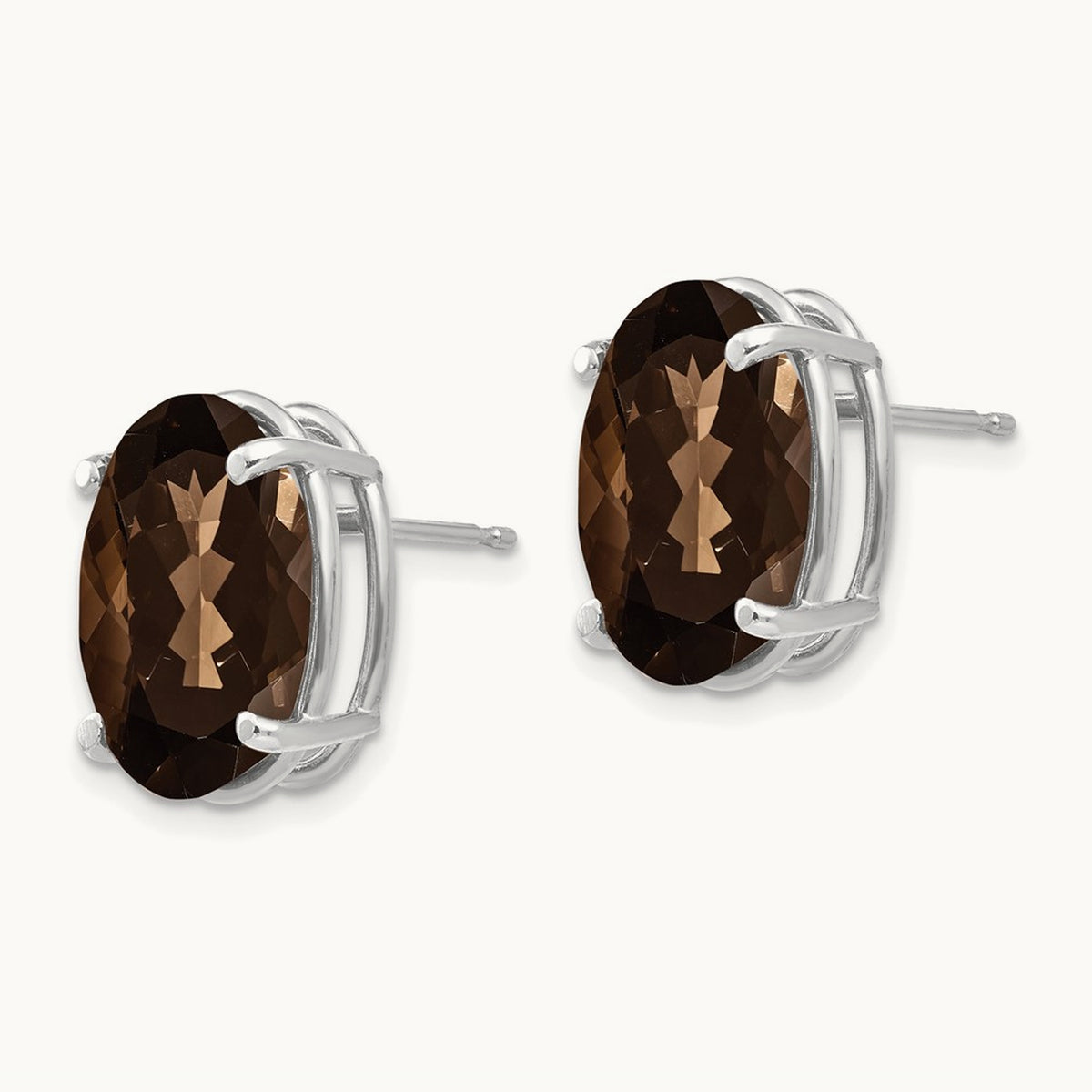 Oval 4-Prong 14 x Smoky Quartz Earrings, 10mm, 14K White Gold
