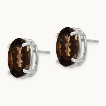 Oval 4-Prong 14 x Smoky Quartz Earrings, 10mm, 14K White Gold