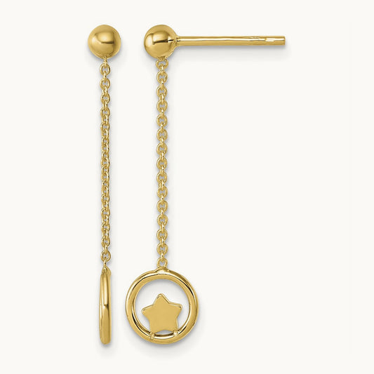 Polished Stars in Circle Dangle Post Earrings, 14K