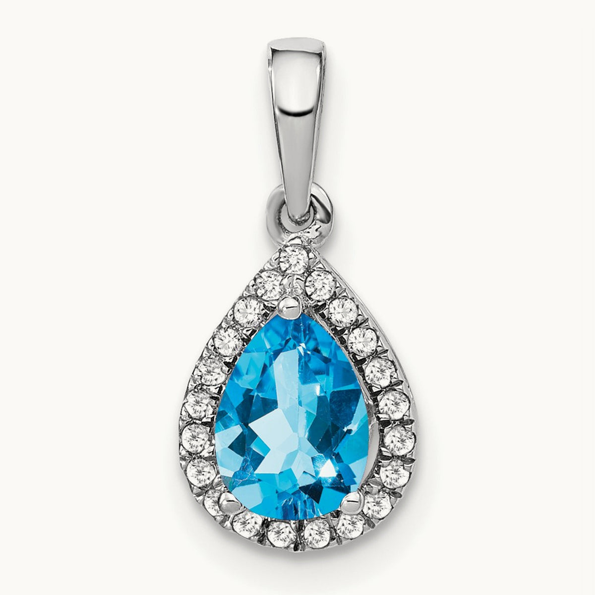 Pear Blue Topaz and Diamond Halo Pendant, 14K White Gold