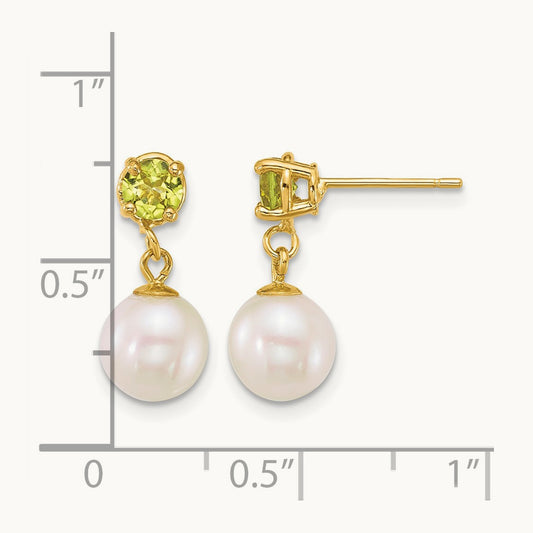 7- Round White FWC Pearl and Peridot Post Dangle Earrings, 8mm, 14K