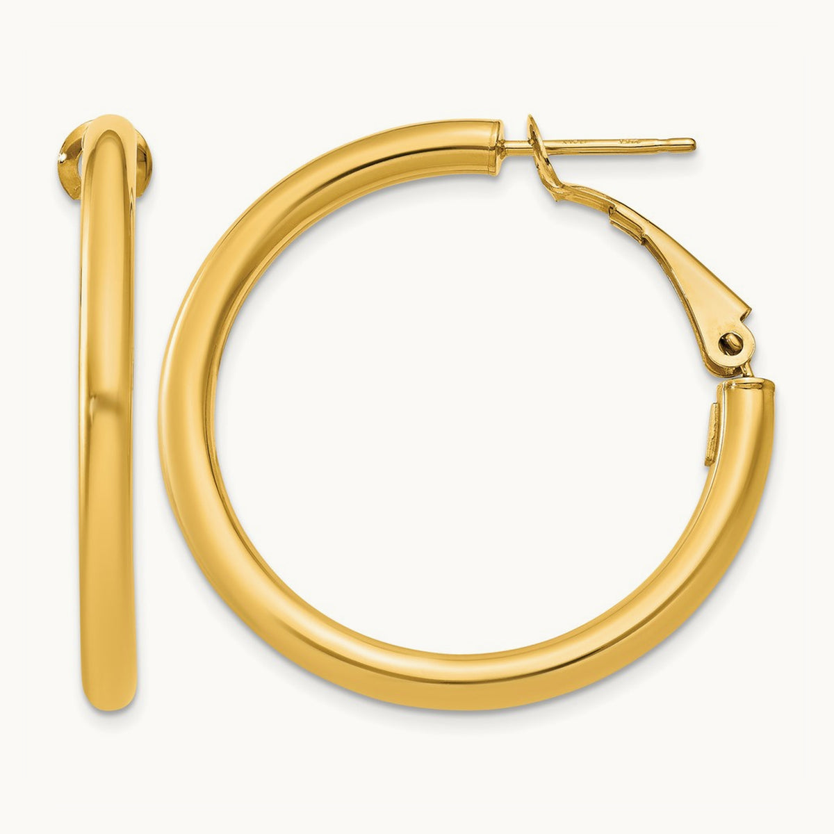 Polished Round Omega Back Hoop Earrings — 14K Yellow Gold, 3x32mm